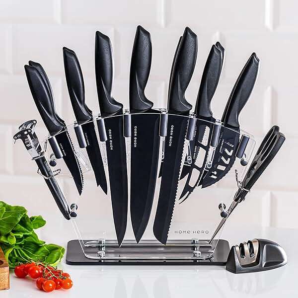 Home Hero Kitchen Knife Set - High Carbon Stainless Steel Blades & Built-In Sharpener - Ergonomic Handles & Cutlery Block Storage - Precision Cooking Prep with Chef Knife - 20 Pc, Black - Image 13