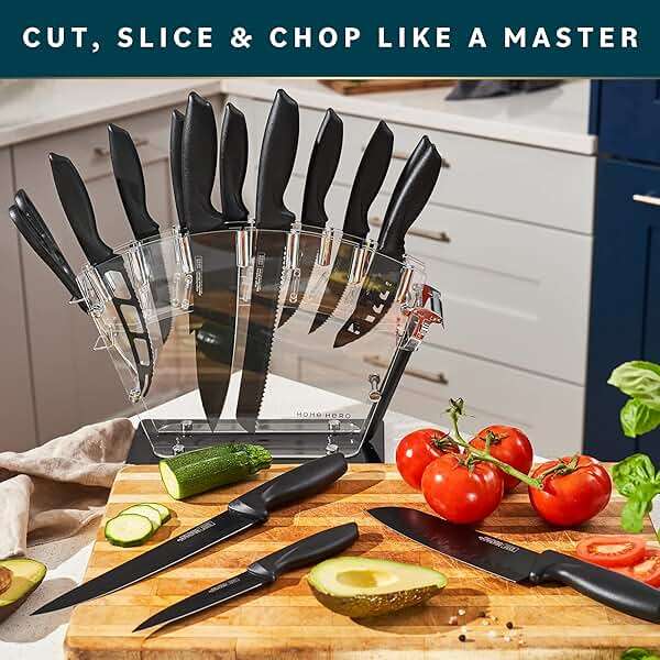 Home Hero Kitchen Knife Set - High Carbon Stainless Steel Blades & Built-In Sharpener - Ergonomic Handles & Cutlery Block Storage - Precision Cooking Prep with Chef Knife - 20 Pc, Black - Image 3