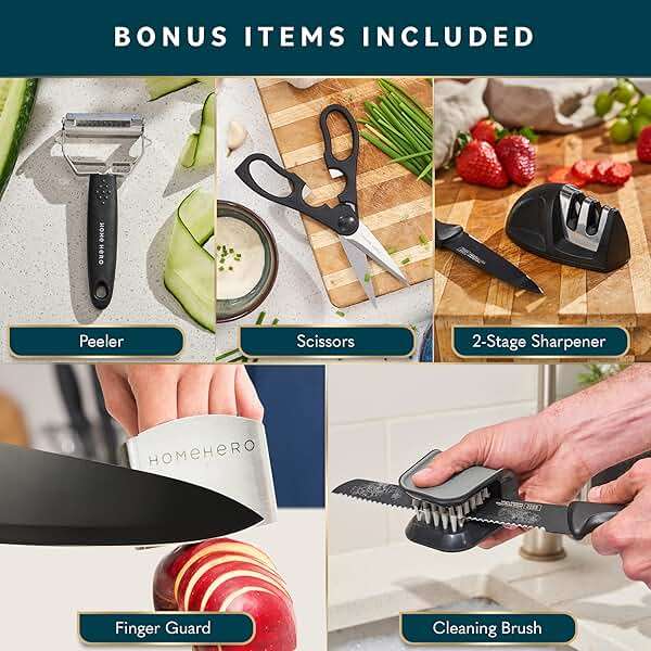 Home Hero Kitchen Knife Set - High Carbon Stainless Steel Blades & Built-In Sharpener - Ergonomic Handles & Cutlery Block Storage - Precision Cooking Prep with Chef Knife - 20 Pc, Black - Image 7
