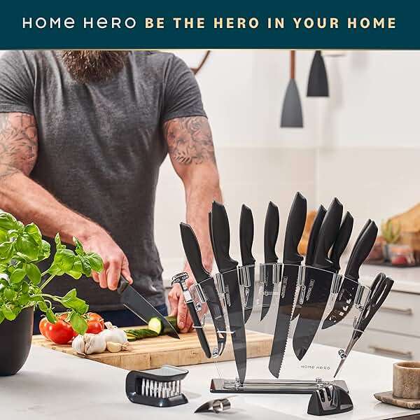 Home Hero Kitchen Knife Set - High Carbon Stainless Steel Blades & Built-In Sharpener - Ergonomic Handles & Cutlery Block Storage - Precision Cooking Prep with Chef Knife - 20 Pc, Black - Image 9