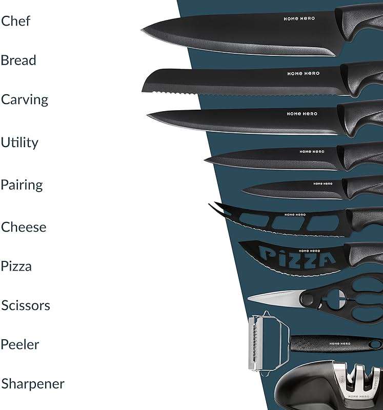 Home Hero Kitchen Knife Set - High Carbon Stainless Steel Blades & Built-In Sharpener - Ergonomic Handles & Cutlery Block Storage - Precision Cooking Prep with Chef Knife - 20 Pc, Black - Image 10