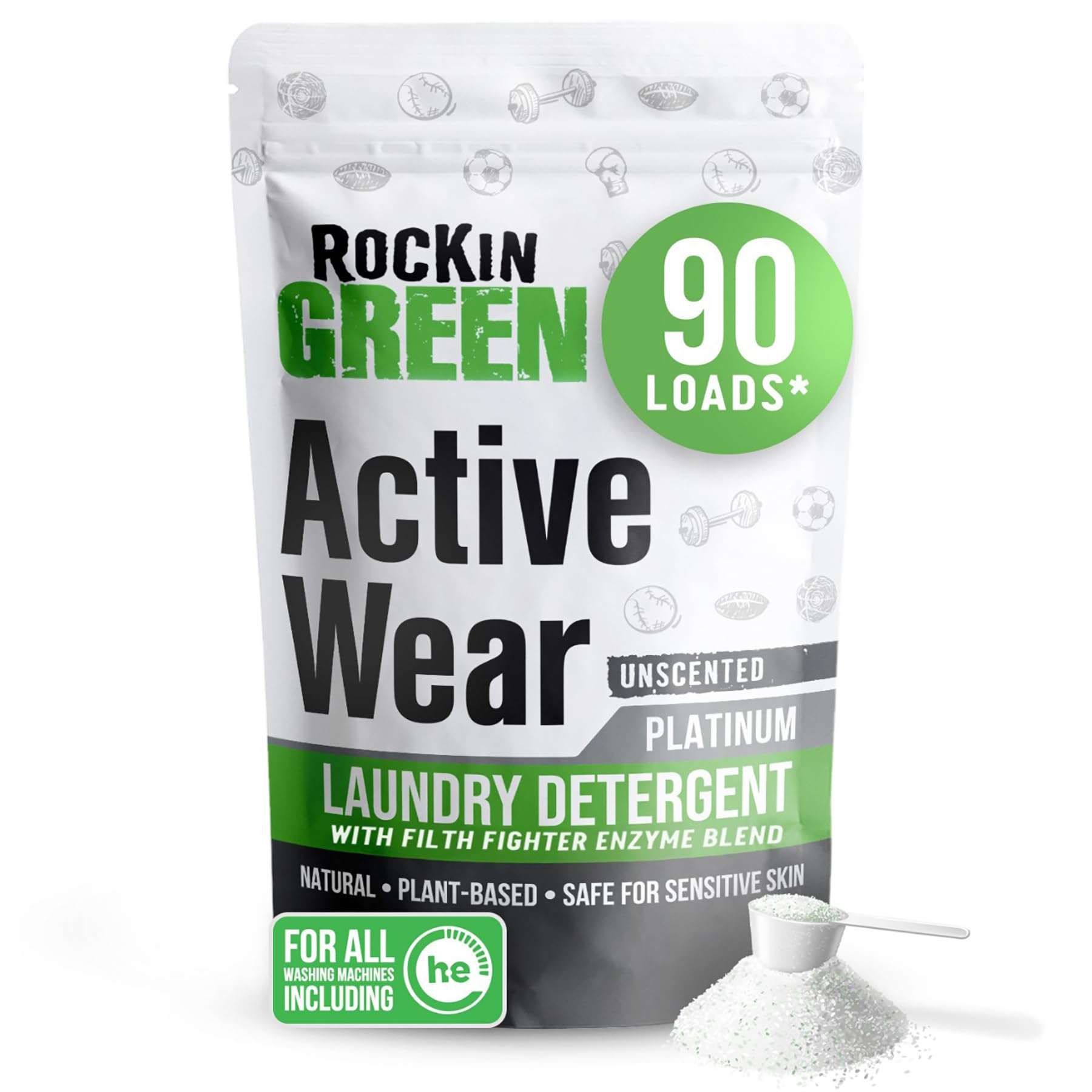 Rockin' Green Active Wear Laundry Detergent Powder & Odor Eliminator for Sportswear & Workout Clothes, Plant-Based Enzymes Target Sweat & Odor, Dermatologist Tested, Unscented, 90 Loads - Image 1