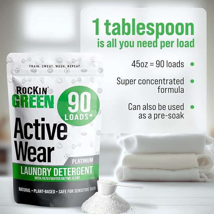 Rockin' Green Active Wear Laundry Detergent Powder & Odor Eliminator for Sportswear & Workout Clothes, Plant-Based Enzymes Target Sweat & Odor, Dermatologist Tested, Unscented, 90 Loads - Image 2