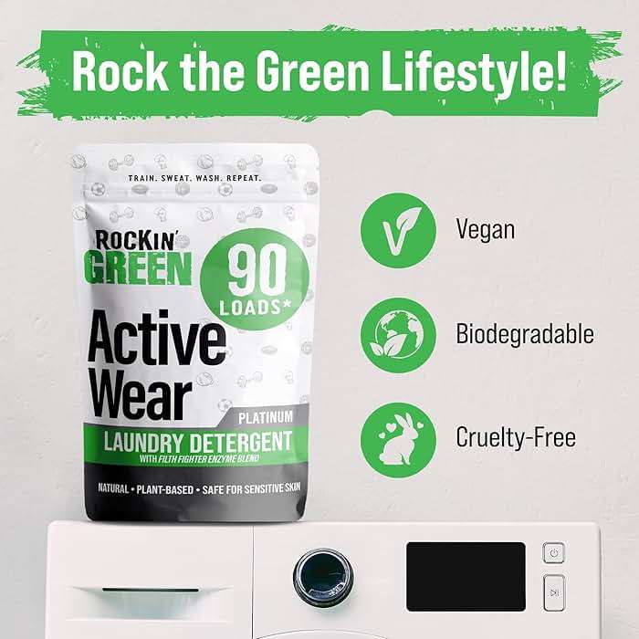 Rockin' Green Active Wear Laundry Detergent Powder & Odor Eliminator for Sportswear & Workout Clothes, Plant-Based Enzymes Target Sweat & Odor, Dermatologist Tested, Unscented, 90 Loads - Image 3