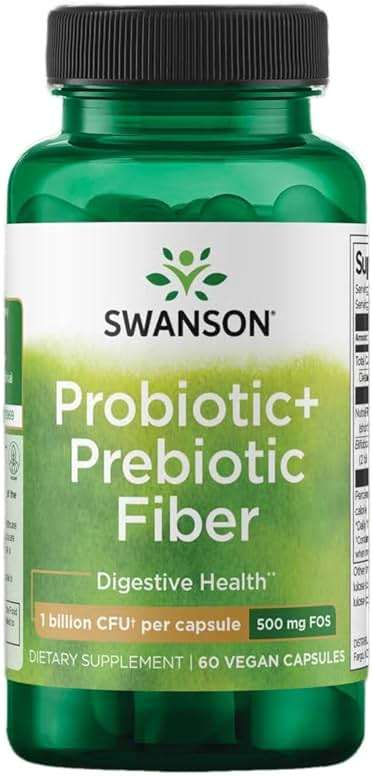 Swanson Prebiotic + Probiotic Fiber Digestive and Immune Health Supplement for Gut-Health-Conscious Adults with 500 Million CFU (60 Vegan Capsules) - Image 1