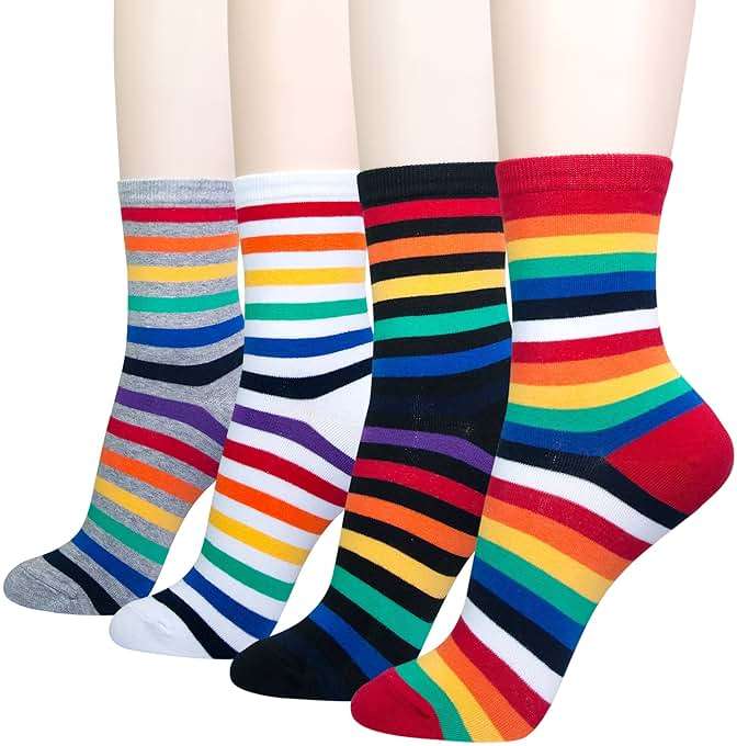 KONY Women's Cotton Crew Socks, Cute Animal and Rainbow Pattern Novelty Socks, 4 Pairs, Shoe Size 6-9 - Image 1