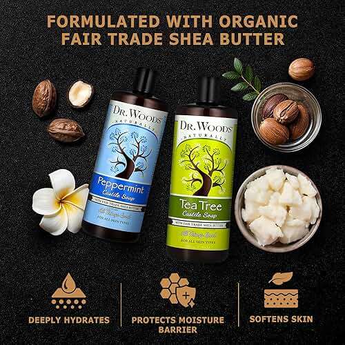 Dr. Woods Liquid Castile Soap - Pure Tea Tree Oil and Peppermint Soap, Body Wash for Men and Women, Contains Organic Shea Butter, Natural Cleaner for Face, Hands, and Body - 32 Fl Oz, Pack of 2 - Image 4