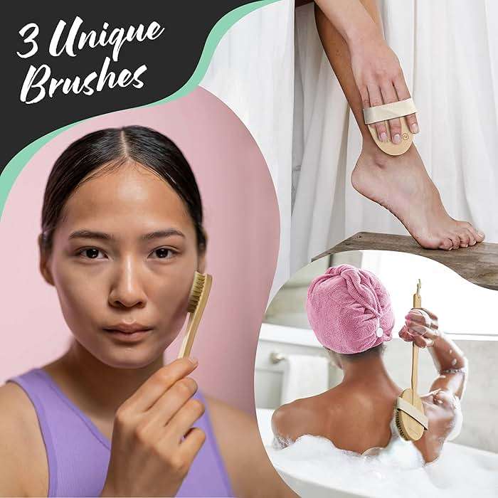 Nevlers Natural Boar Bristle Dry Brushing Body Brush 4-Piece Set | Brush Kit for Exfoliating, Lymphatic Drainage & Circulation | Body Brush, Face Brush, Long-Handled Back Brush + Storage Bag - Image 2