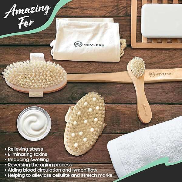 Nevlers Natural Boar Bristle Dry Brushing Body Brush 4-Piece Set | Brush Kit for Exfoliating, Lymphatic Drainage & Circulation | Body Brush, Face Brush, Long-Handled Back Brush + Storage Bag - Image 7