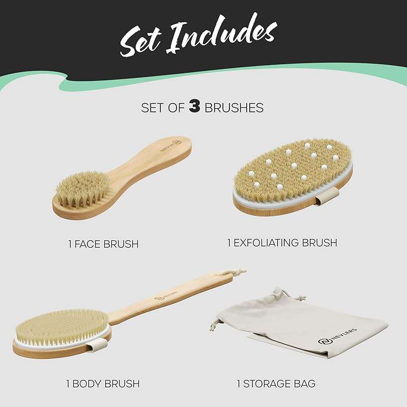 Nevlers Natural Boar Bristle Dry Brushing Body Brush 4-Piece Set | Brush Kit for Exfoliating, Lymphatic Drainage & Circulation | Body Brush, Face Brush, Long-Handled Back Brush + Storage Bag - Image 9