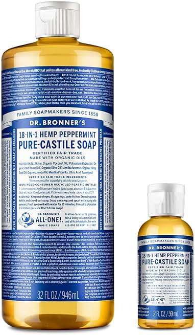 Dr. Bronner's - Pure-Castile Liquid Soap (Peppermint, 32 ounce and 2oz bundle) - Made with Organic Oils, 18-in-1 Uses: Face, Body, Hair, Laundry, Pets & Dishes, Concentrated, Vegan, Non-GMO - Image 1