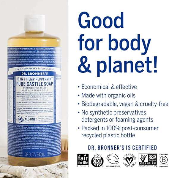 Dr. Bronner's - Pure-Castile Liquid Soap (Peppermint, 32 ounce and 2oz bundle) - Made with Organic Oils, 18-in-1 Uses: Face, Body, Hair, Laundry, Pets & Dishes, Concentrated, Vegan, Non-GMO - Image 4