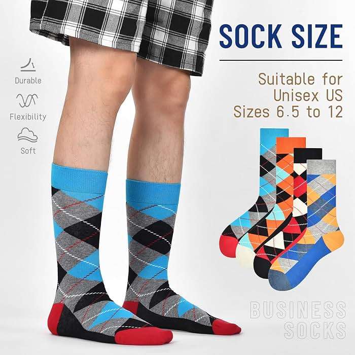 HSELL Funny Mens Colorful Dress Socks Crazy Design Argyle Striped Funky Pattern Cotton Socks for Men Gfits - Image 4