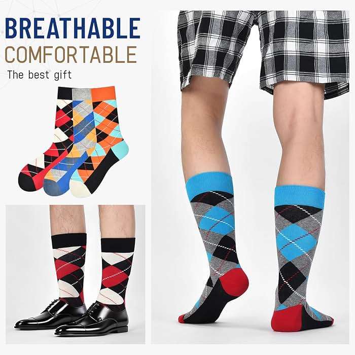 HSELL Funny Mens Colorful Dress Socks Crazy Design Argyle Striped Funky Pattern Cotton Socks for Men Gfits - Image 5