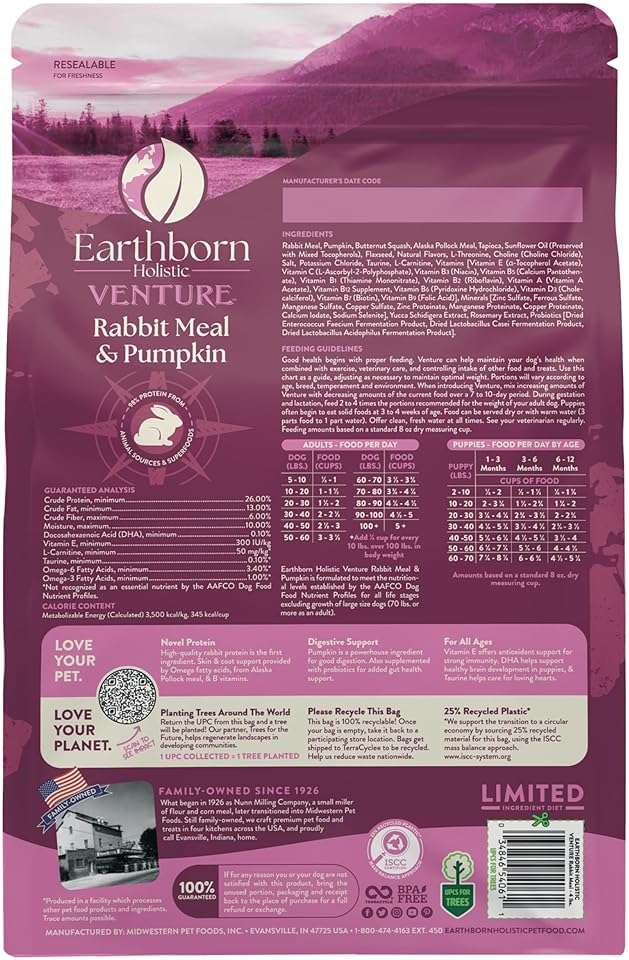 Earthborn Holistic Venture Rabbit Meal & Pumpkin Limited Ingredient Diet Grain Free Dry Dog Food, 4 lbs. - Image 2