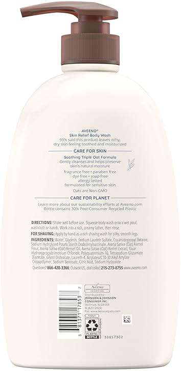 Aveeno Skin Relief Fragrance Free Body Wash, Triple Oat Formula, Gentle Daily Cleanser for Itchy Dry Sensitive Skin, Soap & Paraben Free, Soothes & Moisturizes, 33 fl oz - Image 9