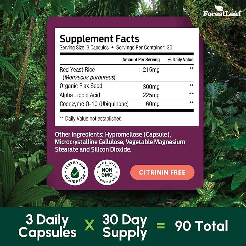 Red Yeast Rice 1215 mg. Capsules - Extra Strength Red Rice Yeast with CoQ10 Supplement, Plus Alpha Lipoic Acid & Organic Flaxseed, Citrinin Free, Supports Cardiovascular Health, Non-GMO 90 Veggie Caps - Image 3