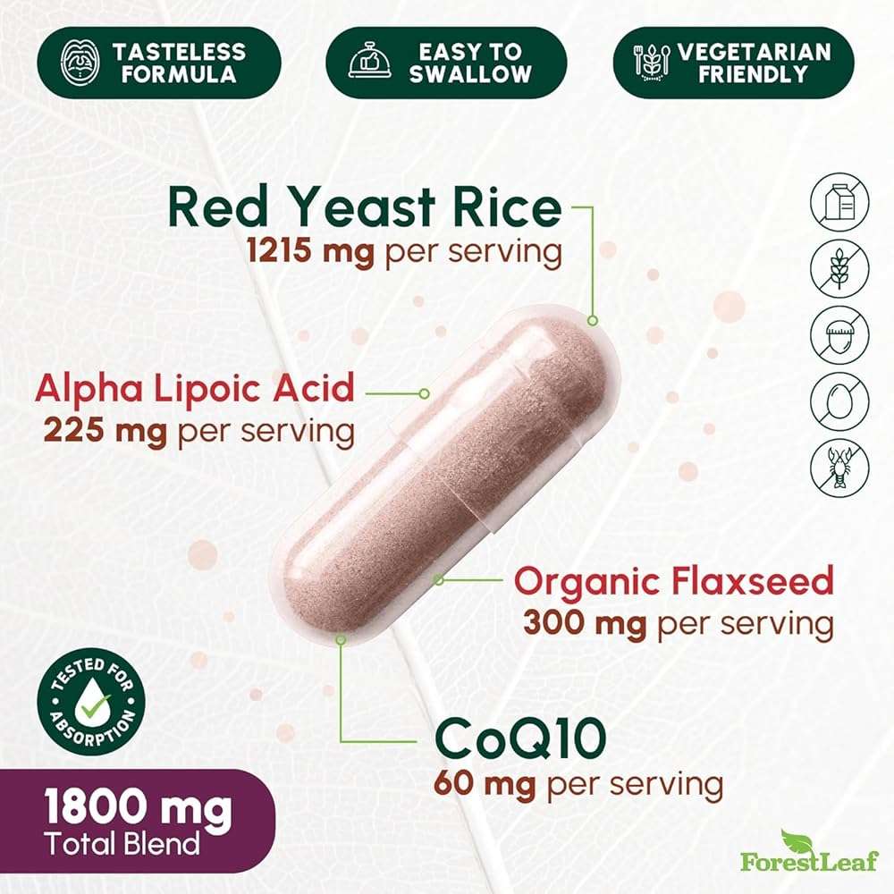 Red Yeast Rice 1215 mg. Capsules - Extra Strength Red Rice Yeast with CoQ10 Supplement, Plus Alpha Lipoic Acid & Organic Flaxseed, Citrinin Free, Supports Cardiovascular Health, Non-GMO 90 Veggie Caps - Image 6