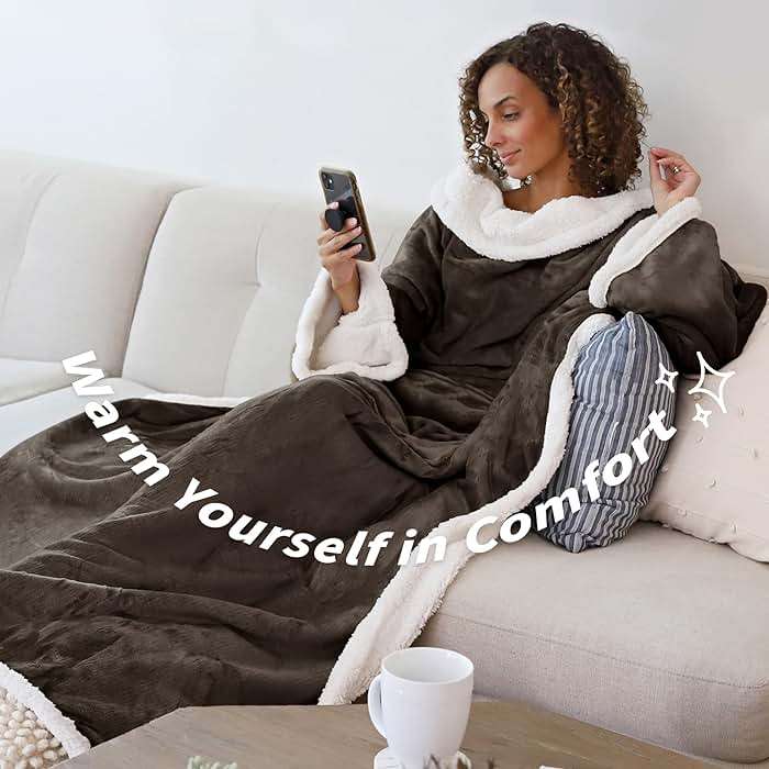 Catalonia Sherpa Wearable Blanket with Sleeves Arms, Comfy Sleeved TV Wrap Blanket, Large Snuggly Throw for Women and Men, Gift for Her - Image 3