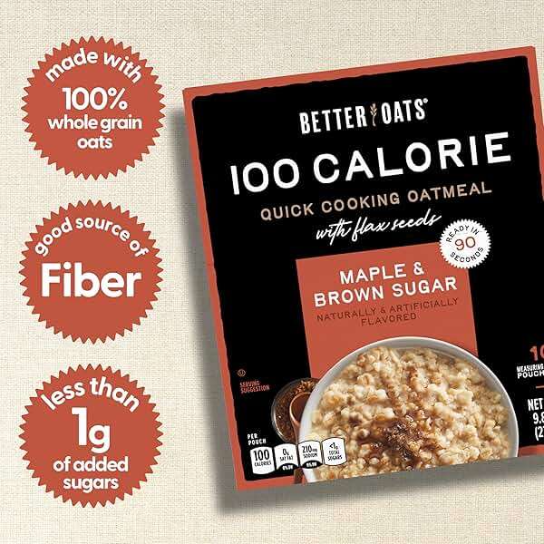 Better Oats 100 Calorie Maple & Brown Sugar Oatmeal, 10 Pouches (Pack of 6) | Made With Whole Grains, Rolled Grains, Flax Seeds, Cooks in 90 Seconds - Image 3