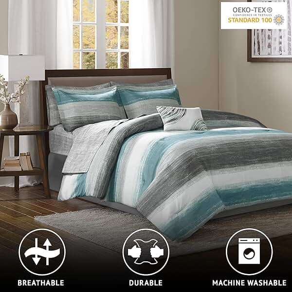 Madison Park Essentials Queen Comforter Set, Bed in a Bag Queen, Watercolor Print Coastal Comforter & Chambray Cotton Sheet Set, All Season Bedding Set, Saben, Aqua Queen (90 in x 90 in) 9 Piece - Image 3