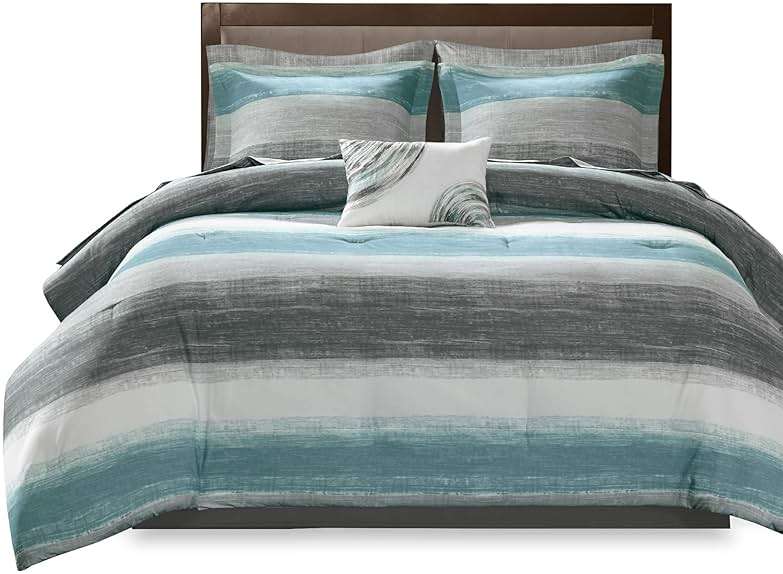 Madison Park Essentials Queen Comforter Set, Bed in a Bag Queen, Watercolor Print Coastal Comforter & Chambray Cotton Sheet Set, All Season Bedding Set, Saben, Aqua Queen (90 in x 90 in) 9 Piece - Image 9