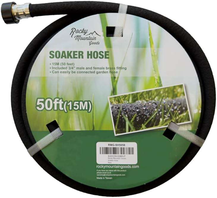 Rocky Mountain Goods Soaker Hose - Heavy duty rubber - Saves 70% water - End cap included for additional hose connect - Great for gardens/flower beds - Reinforced fittings (50-Feet by 5/8-Inch) - Image 1