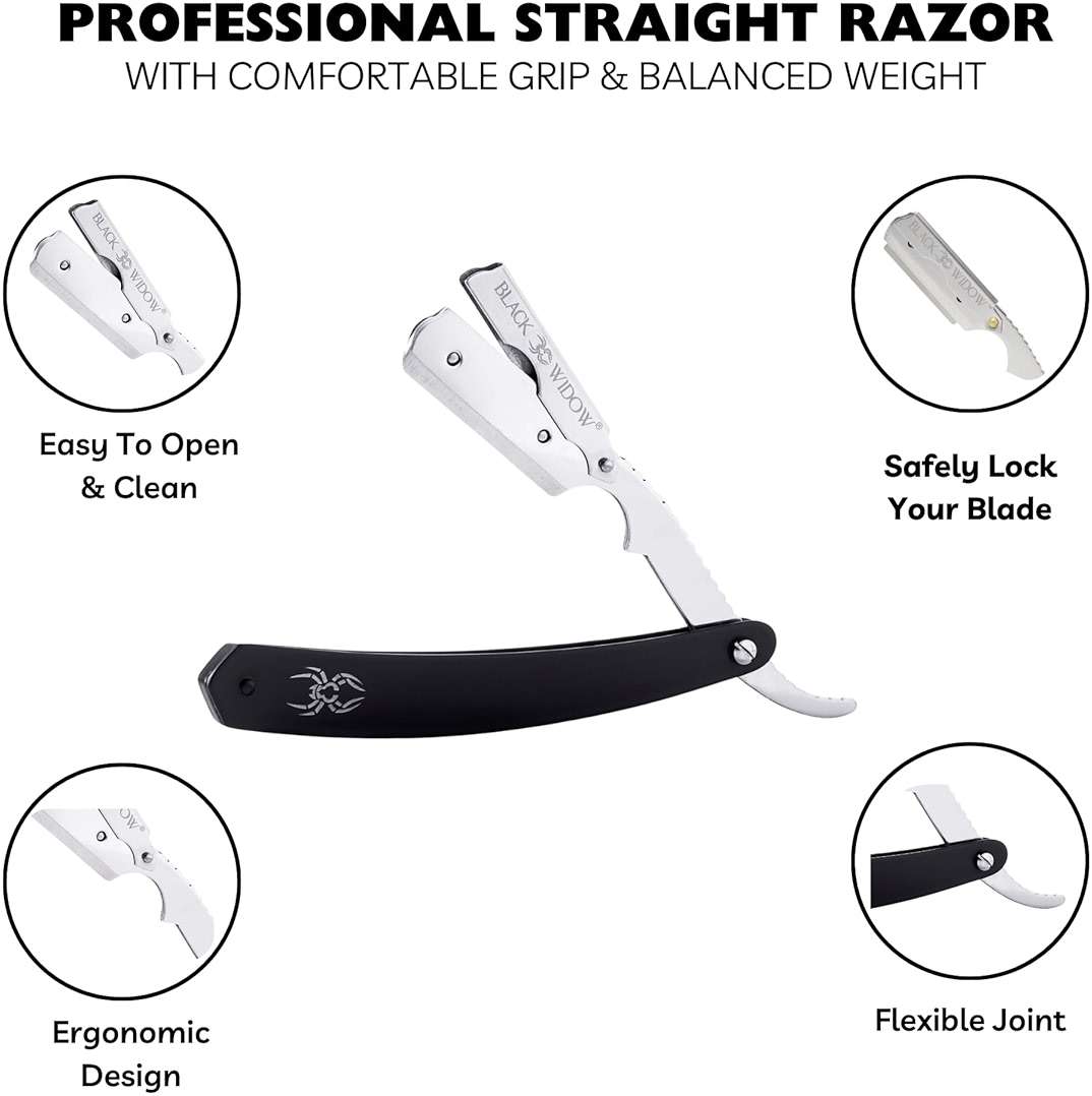 Black Widow Professional Straight Edge Razor Kit with 10 Blades – Stainless Steel Barber Razor for Men’s Shaving, Classic Barbero Shaver for Smooth, Precise, and Comfortable Shaves - Image 3