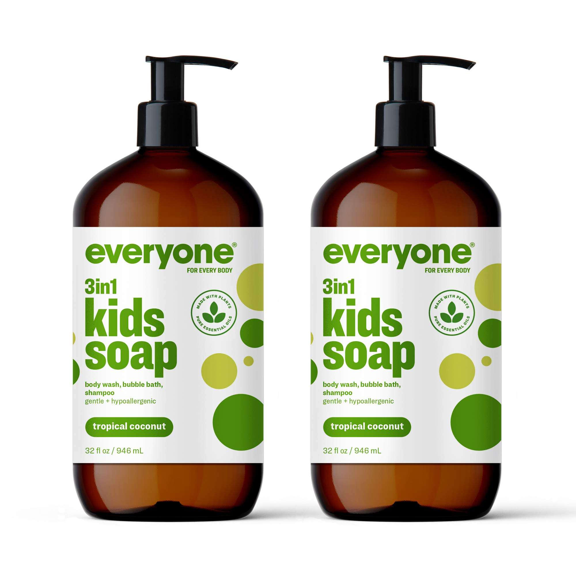 Everyone 3-in-1 Kids Soap, Body Wash, Bubble Bath, Shampoo, 32 Ounce (Pack of 2), Tropical Coconut, made with Essential Oils for Toddlers, Tweens and Teens - Image 1