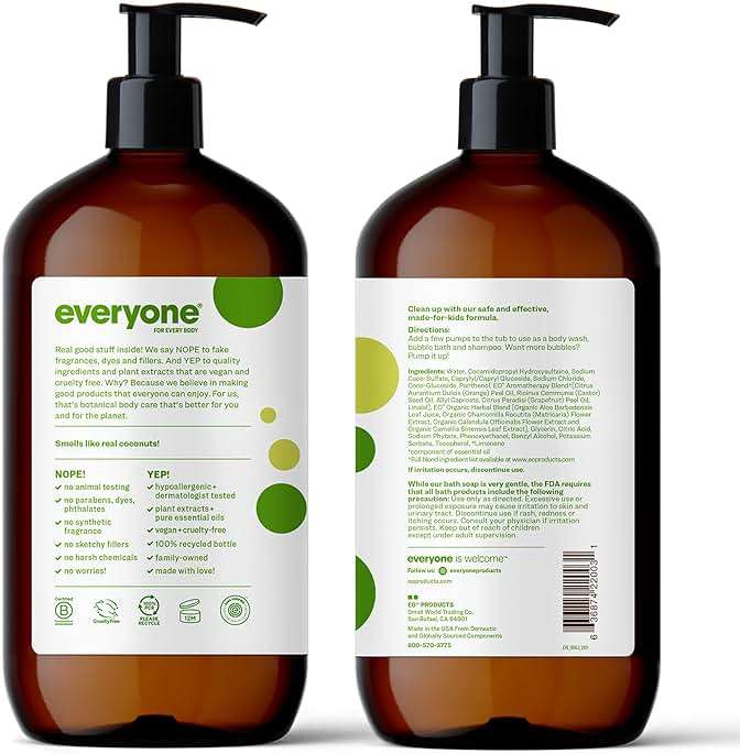 Everyone 3-in-1 Kids Soap, Body Wash, Bubble Bath, Shampoo, 32 Ounce (Pack of 2), Tropical Coconut, made with Essential Oils for Toddlers, Tweens and Teens - Image 2