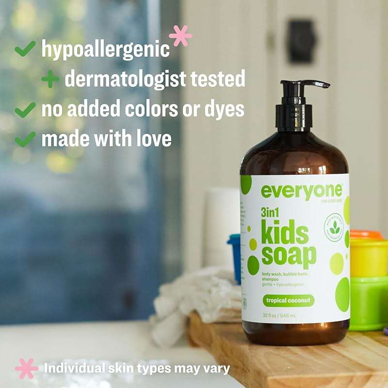 Everyone 3-in-1 Kids Soap, Body Wash, Bubble Bath, Shampoo, 32 Ounce (Pack of 2), Tropical Coconut, made with Essential Oils for Toddlers, Tweens and Teens - Image 3