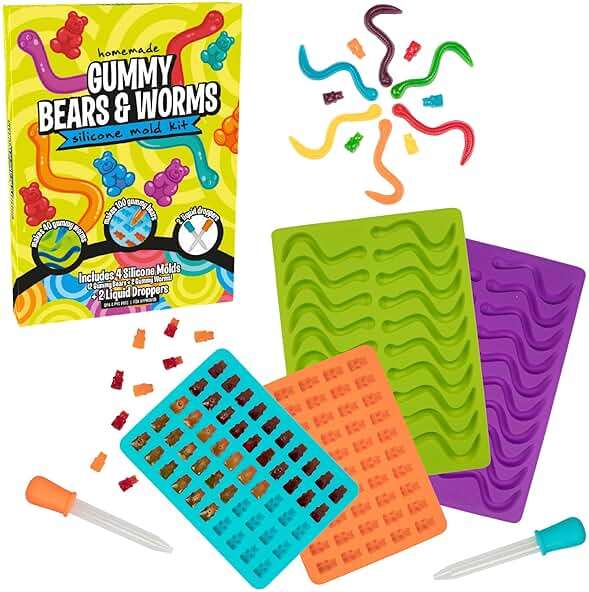 Silicone Gummy Bear & Worm Candy Molds- 4 Pack BPA-Free Chocolate Mold Set w 2 Droppers- Nonstick Flexible Baking Trays for Gummies, Candy, Ice Cubes- Makes 140 Pieces- Great for Homemade Treats - Image 1