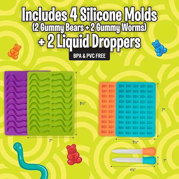 Silicone Gummy Bear & Worm Candy Molds- 4 Pack BPA-Free Chocolate Mold Set w 2 Droppers- Nonstick Flexible Baking Trays for Gummies, Candy, Ice Cubes- Makes 140 Pieces- Great for Homemade Treats - Image 3