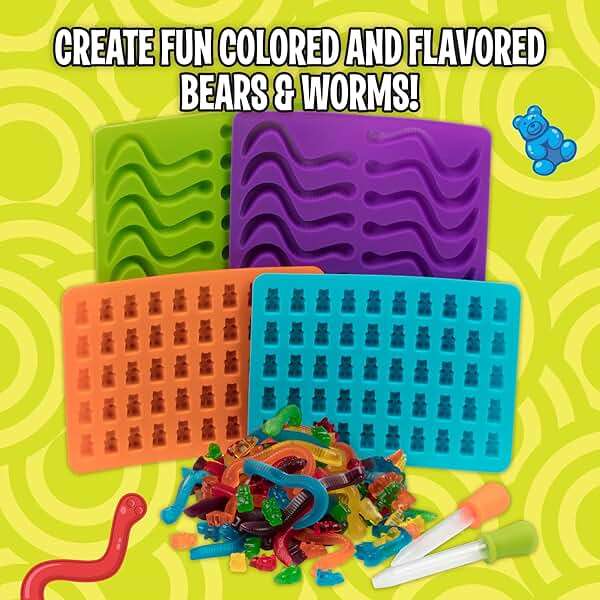 Silicone Gummy Bear & Worm Candy Molds- 4 Pack BPA-Free Chocolate Mold Set w 2 Droppers- Nonstick Flexible Baking Trays for Gummies, Candy, Ice Cubes- Makes 140 Pieces- Great for Homemade Treats - Image 6