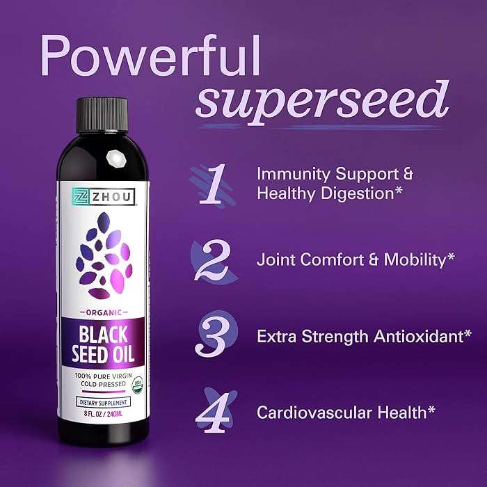 Zhou Organic Black Seed Oil - Black Cumin Seed Oil Cold Pressed, Nigella Sativa, Pure Unrefined Blackseed Liquid, Premium Supplement for Health with Thymoquinone, Omega 3 6 9 - 8 Fl Oz (Pack of 1) - Image 2