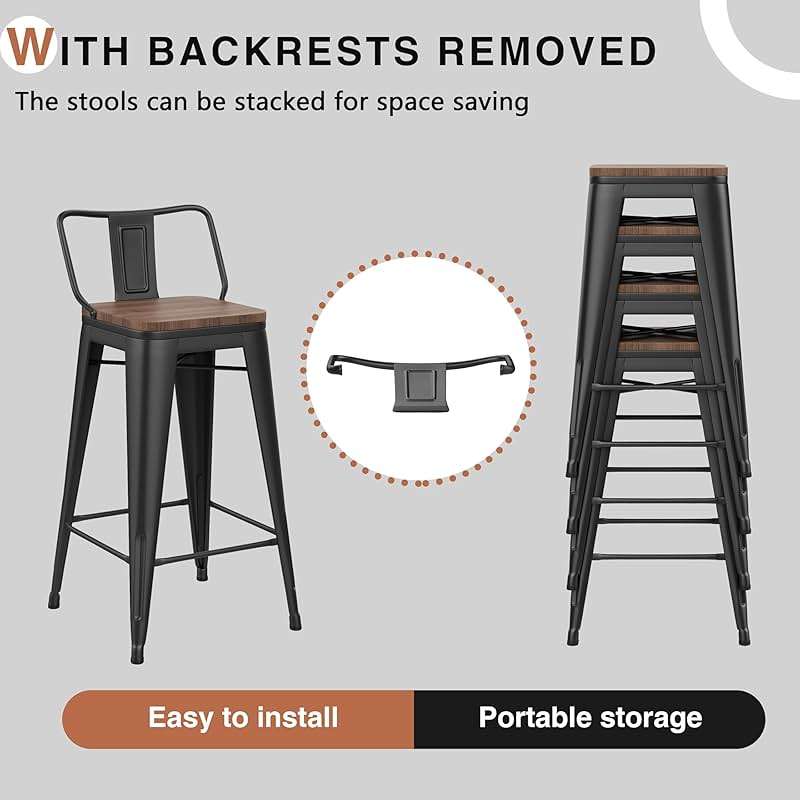 Changjie Furniture 24 Inch Bar Stools Set of 4 Industrial Metal Barstools Counter Height Bar Stool with Backs for Home Kitchen (24 inch, Black) - Image 4
