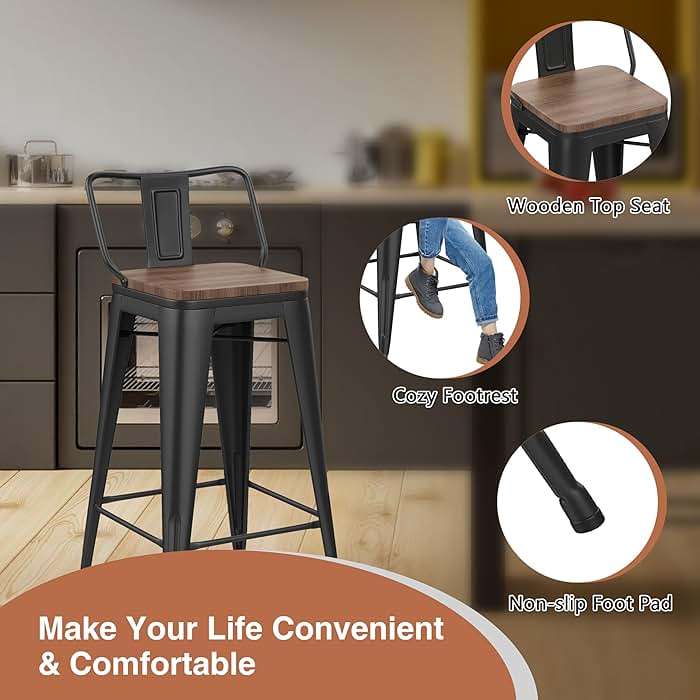 Changjie Furniture 24 Inch Bar Stools Set of 4 Industrial Metal Barstools Counter Height Bar Stool with Backs for Home Kitchen (24 inch, Black) - Image 5