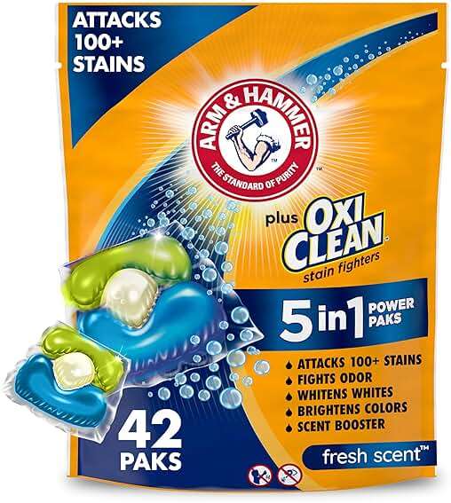 ARM & HAMMER Plus OxiClean Stain Fighters: 5-in-1 Laundry Detergent Power Paks, Laundry Stain Remover, Attacks 100 Plus Stains, Fresh Scent, 42 Count - Image 1