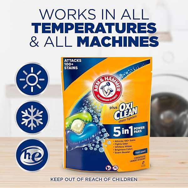 ARM & HAMMER Plus OxiClean Stain Fighters: 5-in-1 Laundry Detergent Power Paks, Laundry Stain Remover, Attacks 100 Plus Stains, Fresh Scent, 42 Count - Image 8