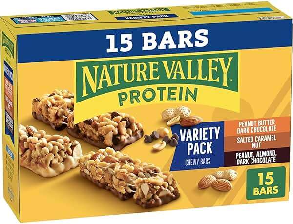 Nature Valley Protein Bars Variety Pack, Gluten Free Chewy Granola Snack Bars, 10g Protein, Peanut Butter Dark Chocolate, Salted Caramel Nut, Peanut Almond Dark Chocolate, 15 Count, 21.3 oz Box - Image 1