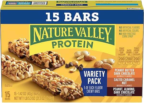 Nature Valley Protein Bars Variety Pack, Gluten Free Chewy Granola Snack Bars, 10g Protein, Peanut Butter Dark Chocolate, Salted Caramel Nut, Peanut Almond Dark Chocolate, 15 Count, 21.3 oz Box - Image 2