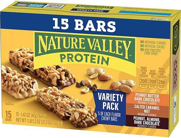 Nature Valley Protein Bars Variety Pack, Gluten Free Chewy Granola Snack Bars, 10g Protein, Peanut Butter Dark Chocolate, Salted Caramel Nut, Peanut Almond Dark Chocolate, 15 Count, 21.3 oz Box - Image 3