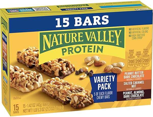 Nature Valley Protein Bars Variety Pack, Gluten Free Chewy Granola Snack Bars, 10g Protein, Peanut Butter Dark Chocolate, Salted Caramel Nut, Peanut Almond Dark Chocolate, 15 Count, 21.3 oz Box - Image 4
