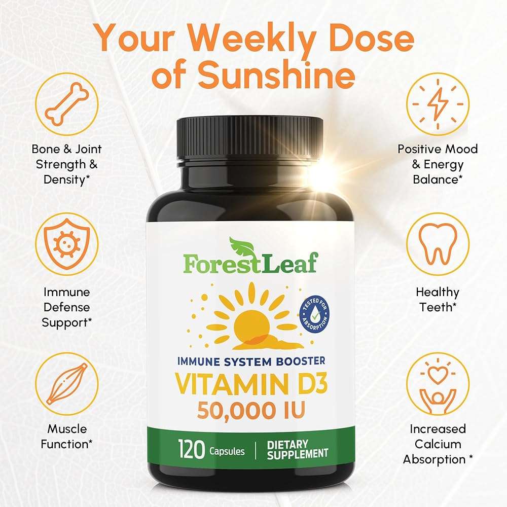 ForestLeaf Vitamin D3 50,000 IU | VIT D - Kosher VIT D3 Vitamin D Supplement for Women and Men | Bone Health, Teeth, Immune Support | Weekly Dose, 2-Year Supply, 120 Caps - Image 3