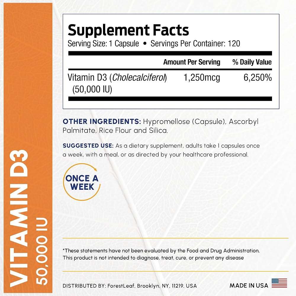 ForestLeaf Vitamin D3 50,000 IU | VIT D - Kosher VIT D3 Vitamin D Supplement for Women and Men | Bone Health, Teeth, Immune Support | Weekly Dose, 2-Year Supply, 120 Caps - Image 4