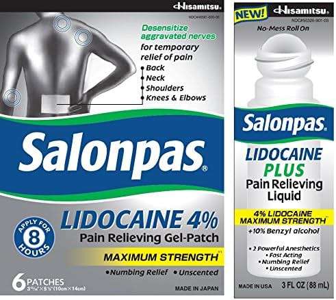 Salonpas LIDOCAINE Gel-Patch and LIDOCAINE Plus 3 oz ROLL ON Pain Relieving Liquid! Bundle Pack - Image 1
