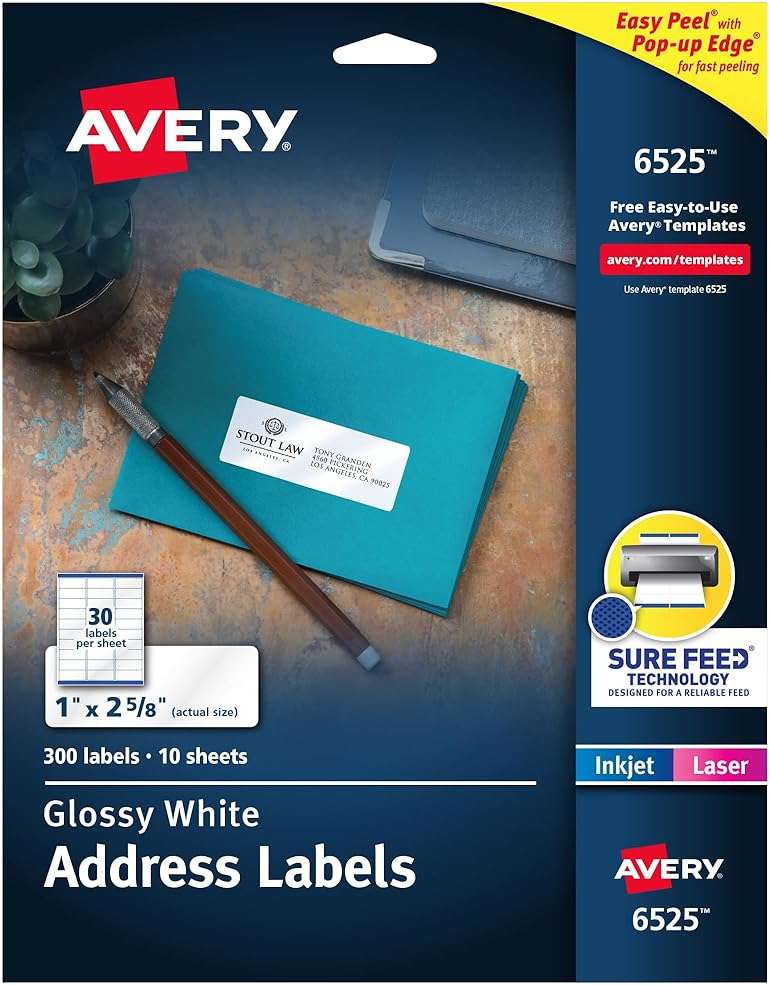 Avery Address Labels, Sure Feed and Easy Peel Technology, Glossy White Labels, 1" x 2-5/8", Permanent Adhesive, Laser/Inkjet, 300 Total (6525) - Image 1