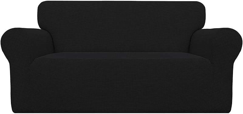 Easy-Going Stretch Loveseat Slipcover 1-Piece Sofa Cover Furniture Protector Couch Soft with Elastic Bottom for Kids Polyester Spandex Jacquard Fabric Small Checks (Loveseat, Black) - Image 1