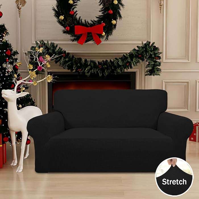 Easy-Going Stretch Loveseat Slipcover 1-Piece Sofa Cover Furniture Protector Couch Soft with Elastic Bottom for Kids Polyester Spandex Jacquard Fabric Small Checks (Loveseat, Black) - Image 3