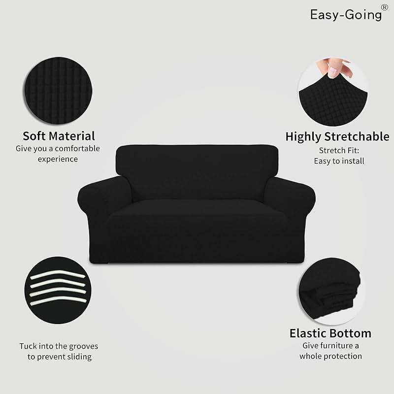 Easy-Going Stretch Loveseat Slipcover 1-Piece Sofa Cover Furniture Protector Couch Soft with Elastic Bottom for Kids Polyester Spandex Jacquard Fabric Small Checks (Loveseat, Black) - Image 4